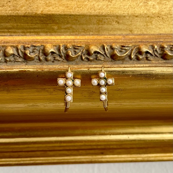 Jewelry - Dainty Gold & Pearl Cross Earrings